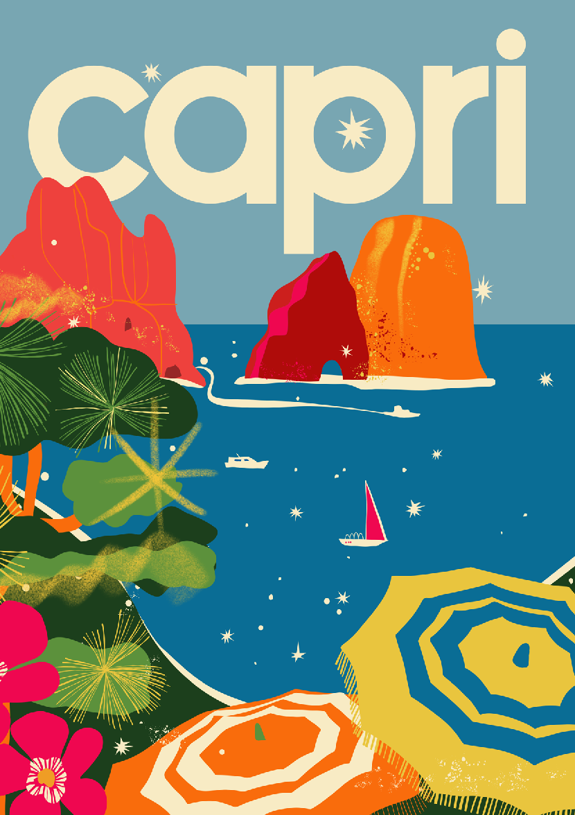 Capri art print on cold press paper, with cream lettering, bright red-orange Faraglioni rocks, blue sea, umbrellas and tropical foliage.