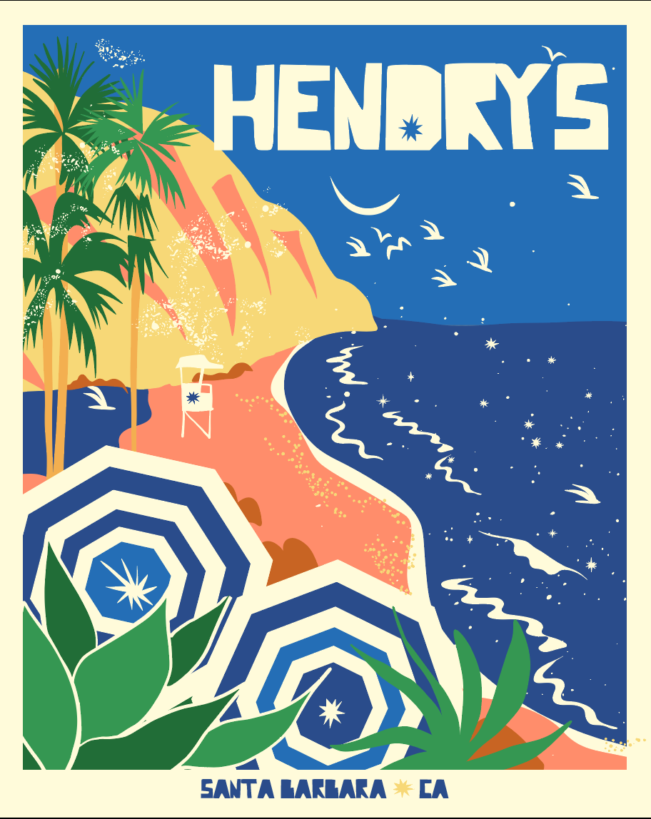 Beach art print titled Hendry's, with colorful retro palm trees, waves, beach umbrellas and bold lettering on museum-quality paper.