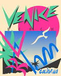 Art print featuring a colorful Venice Beach scene, with bold geometric lettering, a blue ocean and California script; Manhattan Beach keyword included.