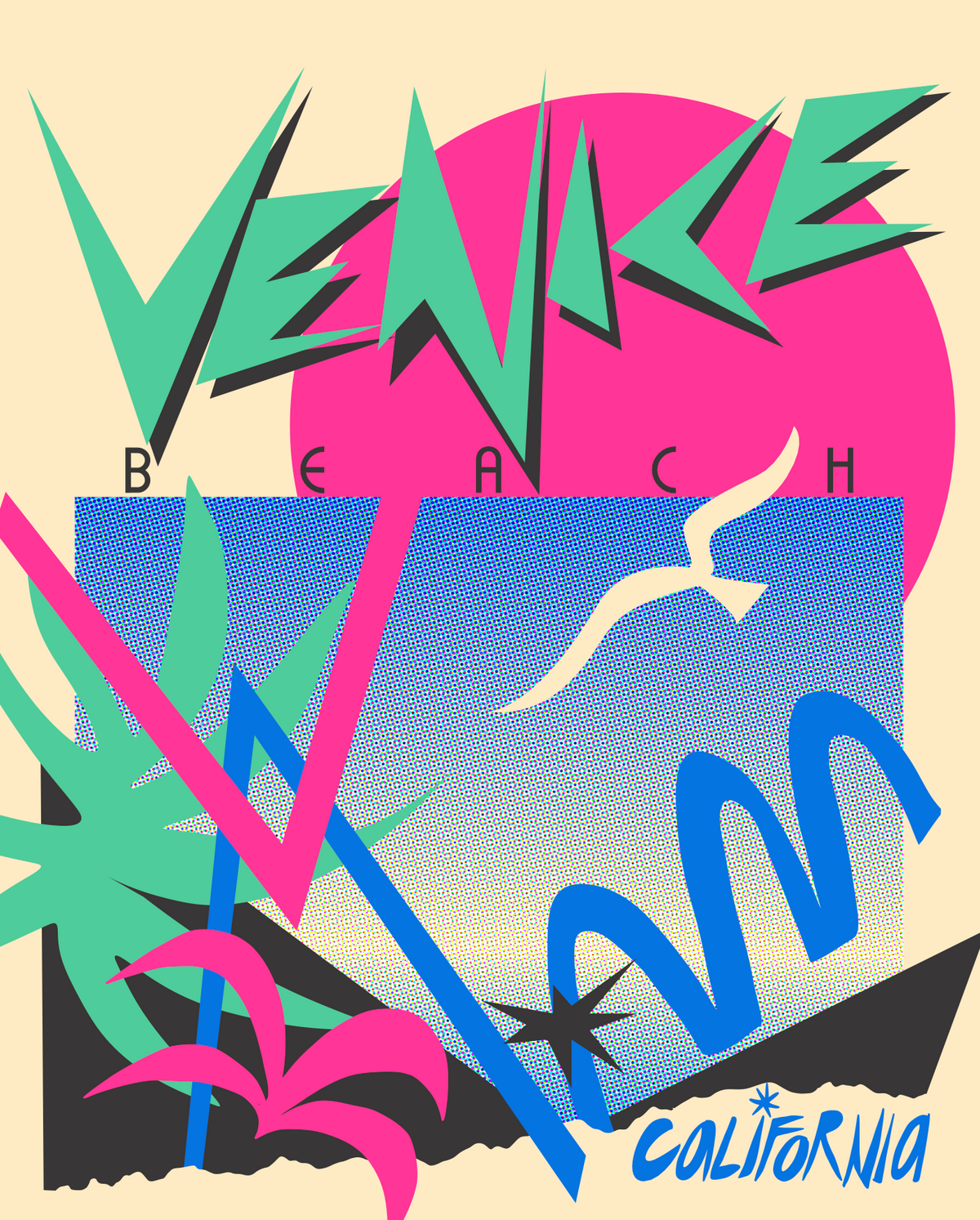 Art print featuring a colorful Venice Beach scene, with bold geometric lettering, a blue ocean and California script; Manhattan Beach keyword included.