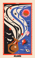 Misprint Aquarius zodiac art print with flowing black and blue waves, coral sun, stars, and stylized fish details.
