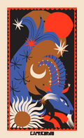 Capricorn zodiac art print from El Zodiaco Collection, with bold blue and rust-orange shapes and a stylized goat on black.