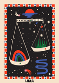 Libra zodiac print in black with red and blue geometric border, depicting golden balance scales and celestial motifs for El Zodiaco Collection.