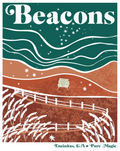 Beacons beach art print with teal and rust waves, white stars, and a beach path; Pure Magic Collection design.