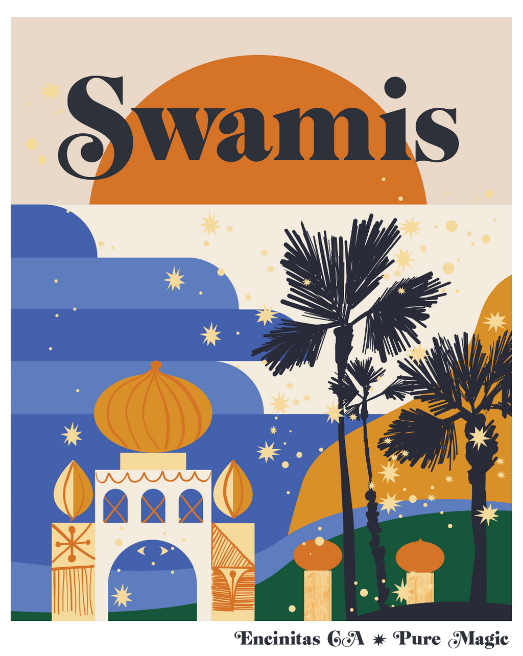Surf art print with a navy “Swamis” title, orange sun, blue waves, palm trees and stars, from the Pure Magic Collection