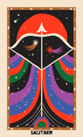 Zodiac print featuring a black and red Sagittarius illustration, colourful starry rays, and the El Zodiaco Collection title.