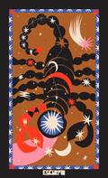 Scorpio zodiac print from El Zodiaco Collection, with a brown ground, black celestial motifs, and bold red, pink, blue, and cream shapes.