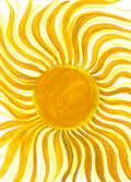 Sunny sun art print in vibrant golden yellow and orange gouache, with a round center and flowing, wavy rays