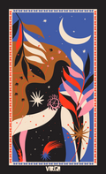 Zodiac art print in the El Zodiaco Collection, with a bold Virgo figure, crescent moon, stars, and colorful botanical motifs.