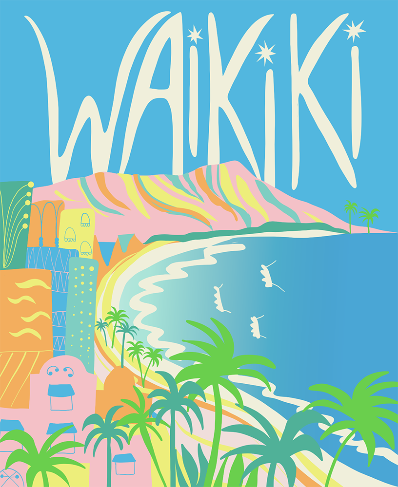 Waikiki Honolulu Hawaii Art Travel Poster Art